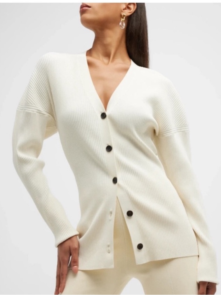 A.L.C. Cream Ribbed V-Neck Cardigan With Black Buttons